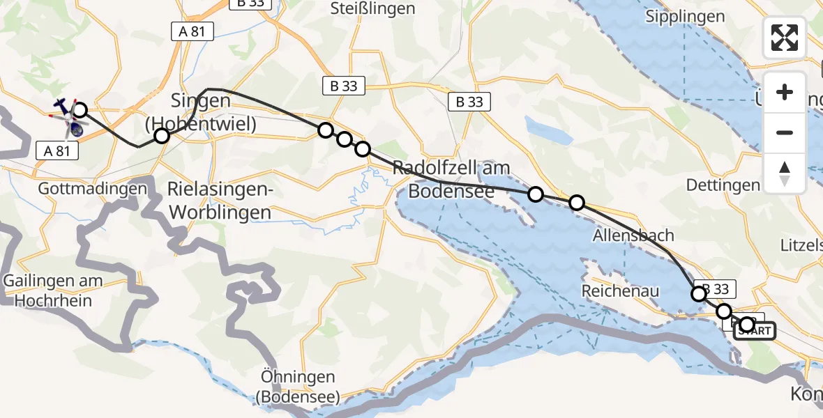 Routekaart van de vlucht: Polizeihubschrauber nach Hilzingen Flugplatz