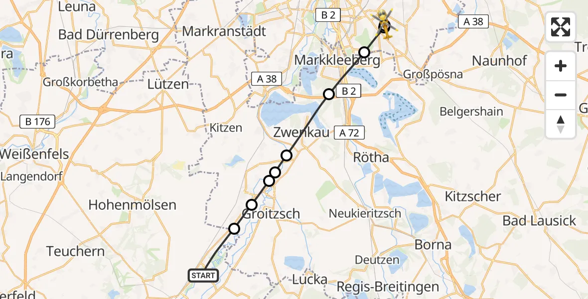 Routekaart van de vlucht: Rettungshubschrauber nach Leipzig Heart Center Rooftop Hubschrauberlandeplatz