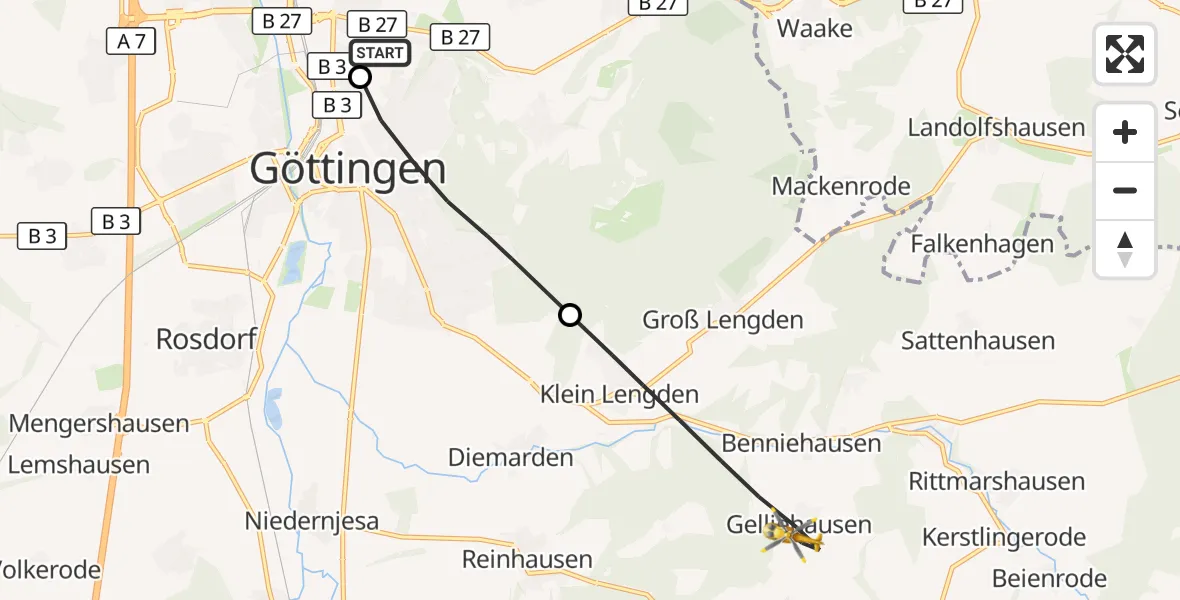 Flugroute Rettungshubschrauber Göttingen University Clinic Hubschrauberlandeplatz - Gleichen, 31 März 2026, 11:06