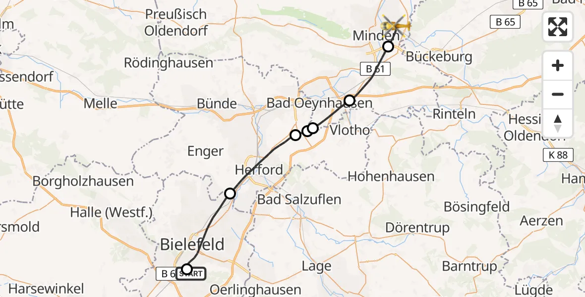 Flugroute Rettungshubschrauber Luftrettungszentrum Bielefeld - Minden, 31 März 2026, 11:07