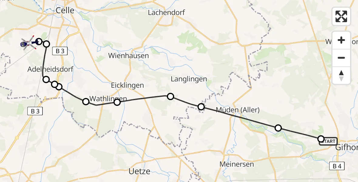 Flugroute Polizeihubschrauber Gifhorn Bundespolizei Hubschrauberlandeplatz - Celle Army Flugplatz, 31 März 2026, 11:10