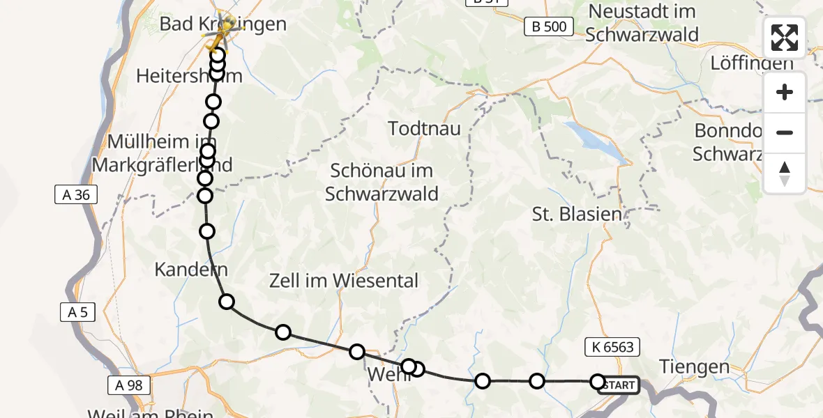 Routekaart van de vlucht: Rettungshubschrauber nach Bad Krozingen, Südring