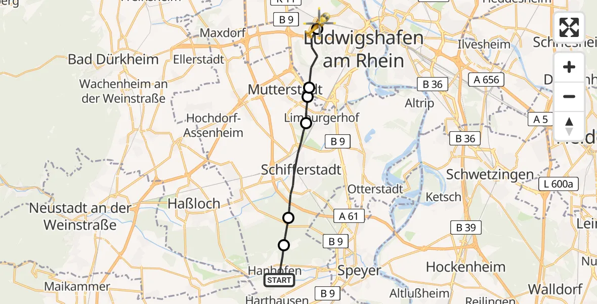 Routekaart van de vlucht: Rettungshubschrauber nach Ludwigshafen Accident Hospital