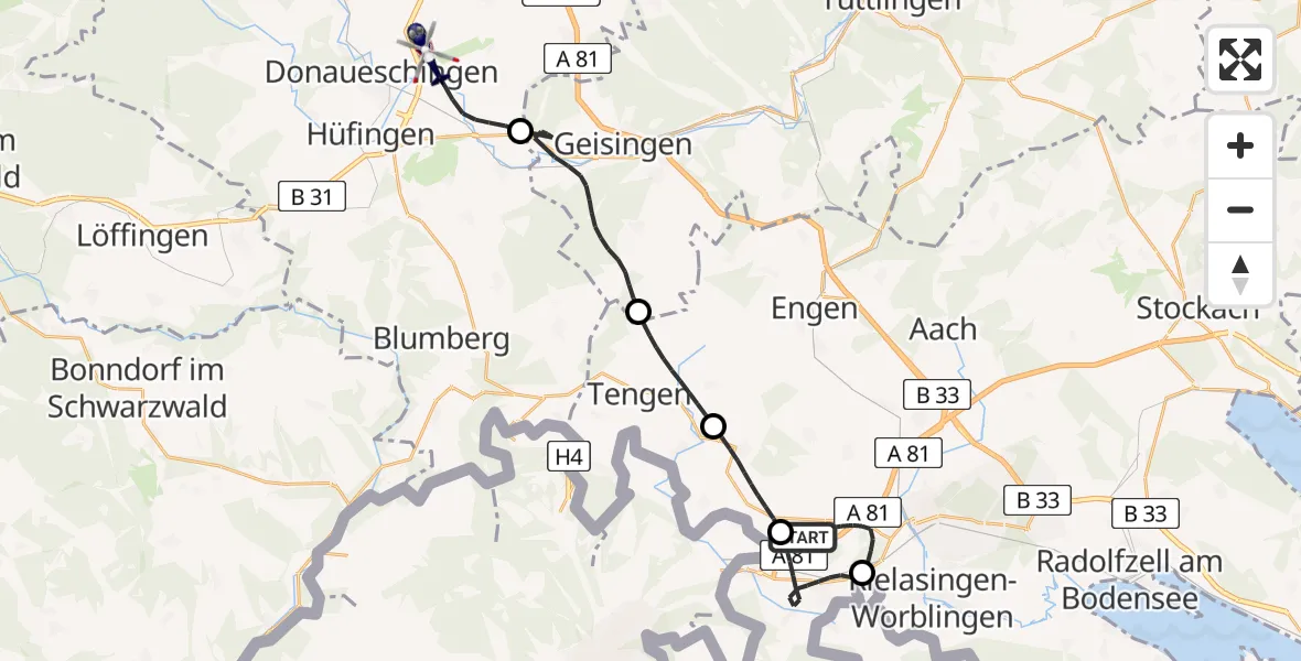 Routekaart van de vlucht: Polizeihubschrauber nach Donaueschingen-Villingen Flugplatz