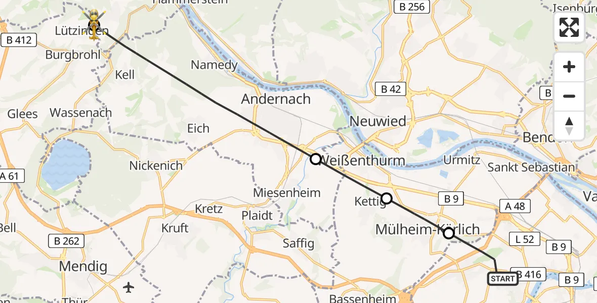 Flugroute Rettungshubschrauber Koblenz - Burgbrohl, 31 März 2026, 11:23
