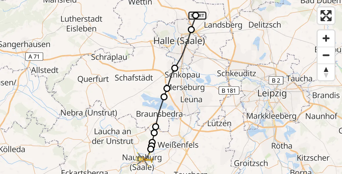 Flugroute Ambulanzhubschrauber Halle-Oppin Flugplatz - Naumburg Krankenhaus Hubschrauberlandeplatz, 31 März 2026, 11:31