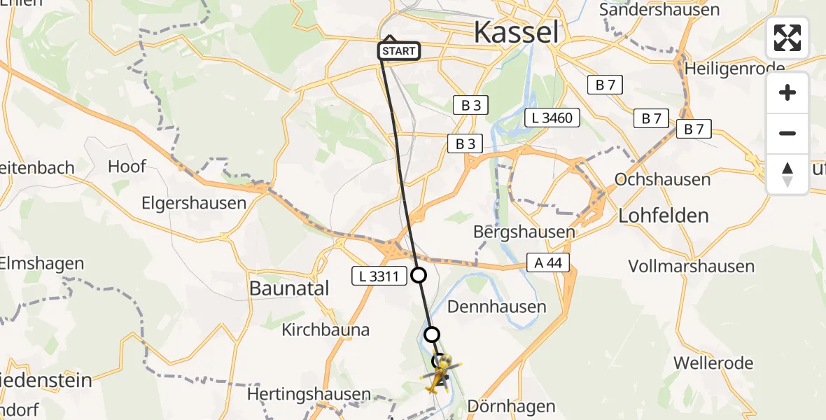 Flugroute Rettungshubschrauber Kassel - Baunatal, 31 März 2026, 11:35