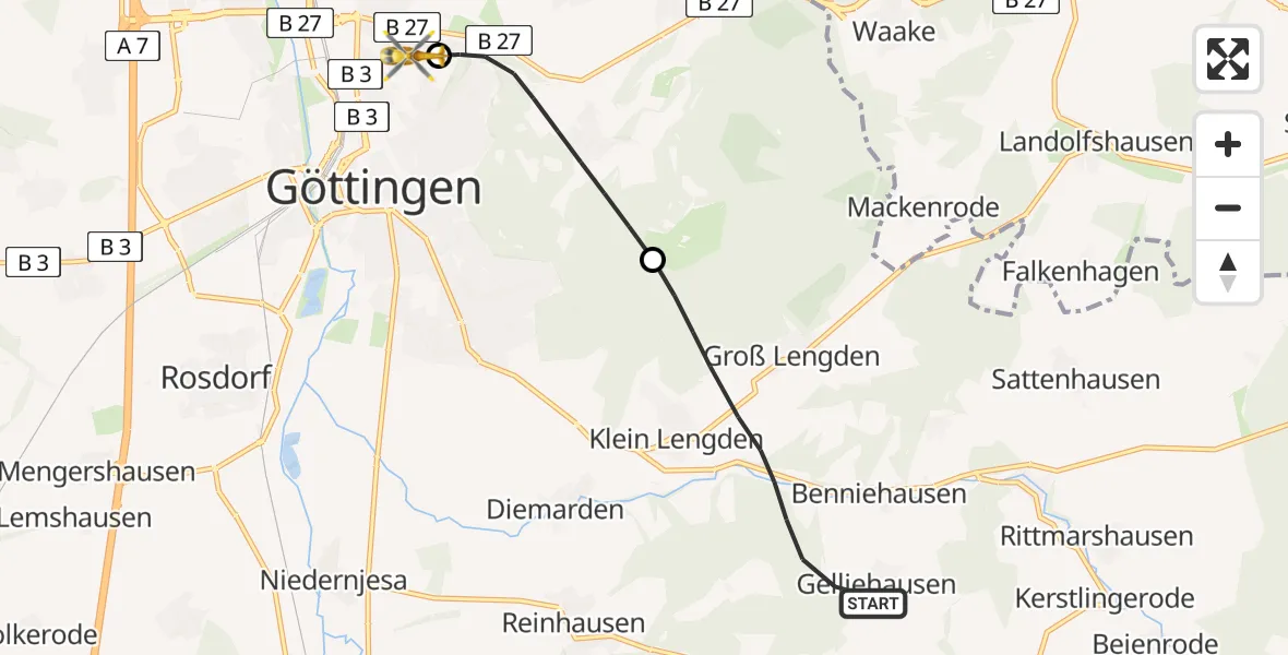 Routekaart van de vlucht: Rettungshubschrauber nach Göttingen University Clinic Hubschrauberlandeplatz