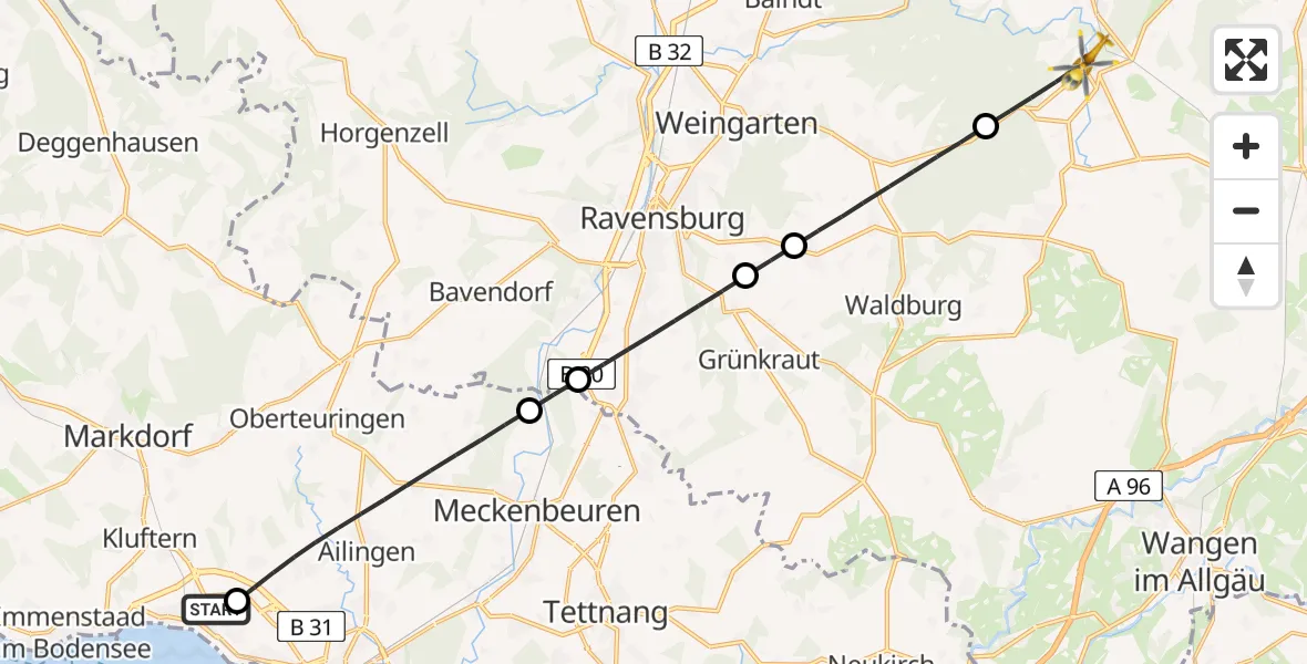 Flugroute Rettungshubschrauber Friedrichshafen Hospital - Wolfegg, 31 März 2026, 11:36