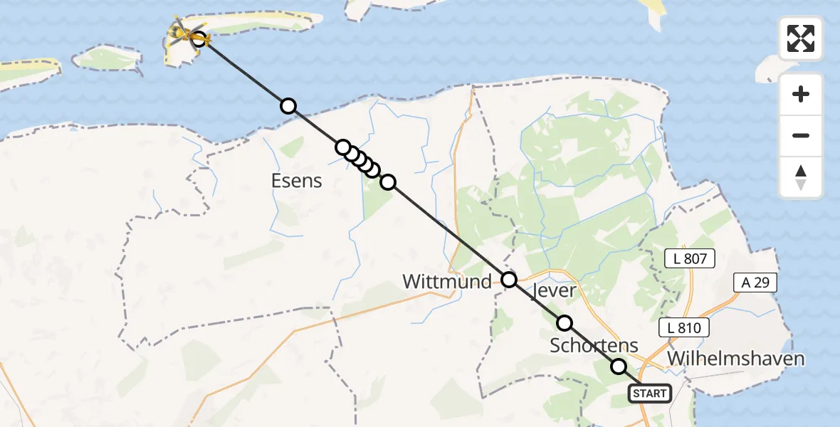 Routekaart van de vlucht: Rettungshubschrauber nach Langeoog Flughafen