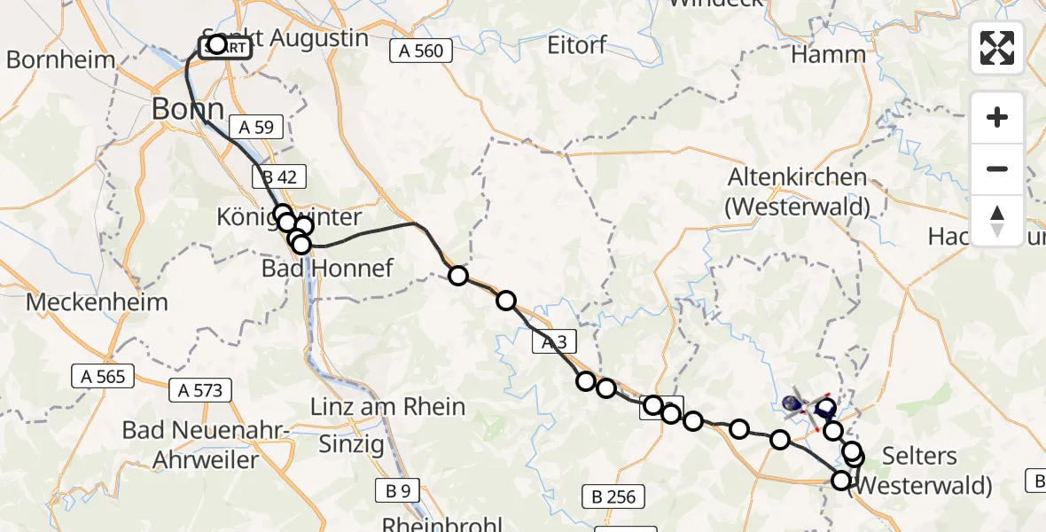 Routekaart van de vlucht: Polizeihubschrauber nach Dierdorf-Wienau Flugplatz