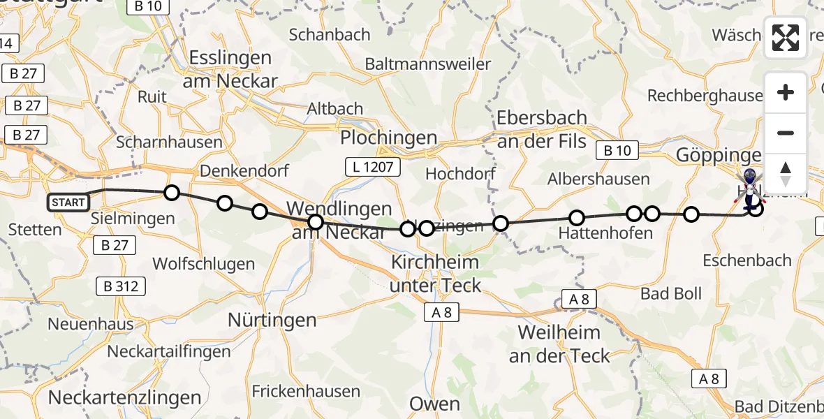 Flugroute Polizeihubschrauber Flughafen Stuttgart - Göppingen, 31 März 2026, 11:55