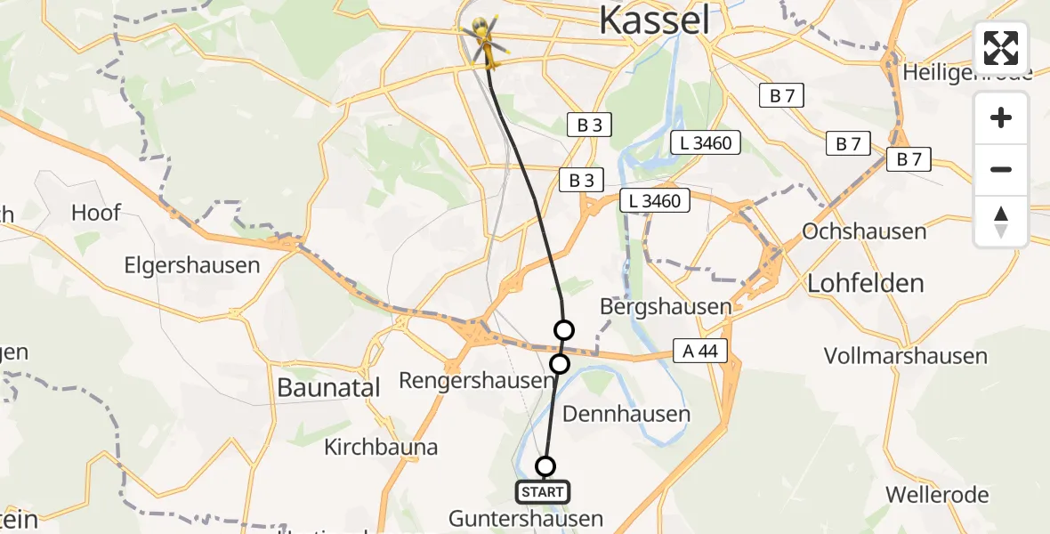 Routekaart van de vlucht: Rettungshubschrauber nach Kassel, Hansteinstraße