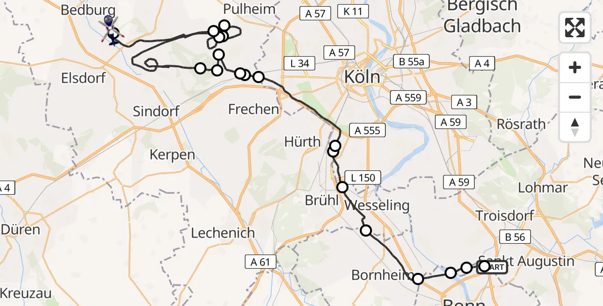 Flugroute Polizeihubschrauber Sankt Augustin - Bergheim Flugplatz, 31 März 2026, 12:02