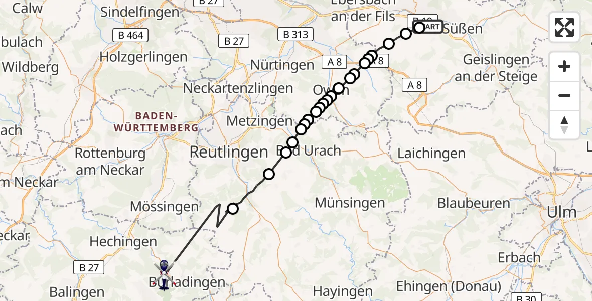 Routekaart van de vlucht: Polizeihubschrauber nach Burladingen, Buehlweg
