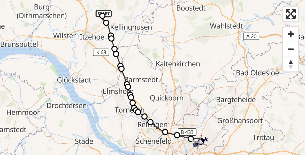 Routekaart van de vlucht: Polizeihubschrauber nach Hamburg Military Hospital