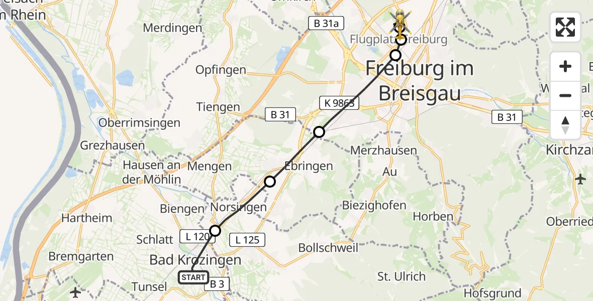 Flugroute Rettungshubschrauber Bad Krozingen - Freiburg im Breisgau Flugplatz, 31 März 2026, 12:20