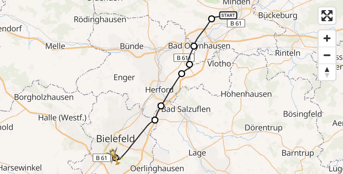 Flugroute Rettungshubschrauber Minden - Luftrettungszentrum Bielefeld, 31 März 2026, 12:20