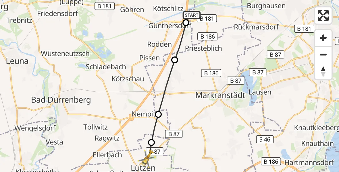 Flugroute Rettungshubschrauber ADAC Air Rescue Station Leipzig/Schkeuditz-Dölzig Hubschrauberlandeplatz (Christoph 61) - Lützen, 31 März 2026, 12:22