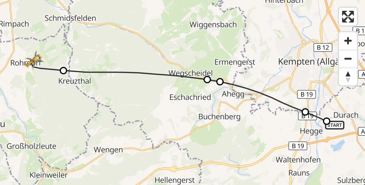 Flugroute Rettungshubschrauber Kempten-Durach Flugplatz - Isny im Allgäu, 31 März 2026, 12:26