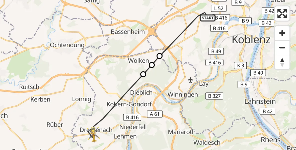 Routekaart van de vlucht: Rettungshubschrauber nach Kobern-Gondorf, Münsterer Weg