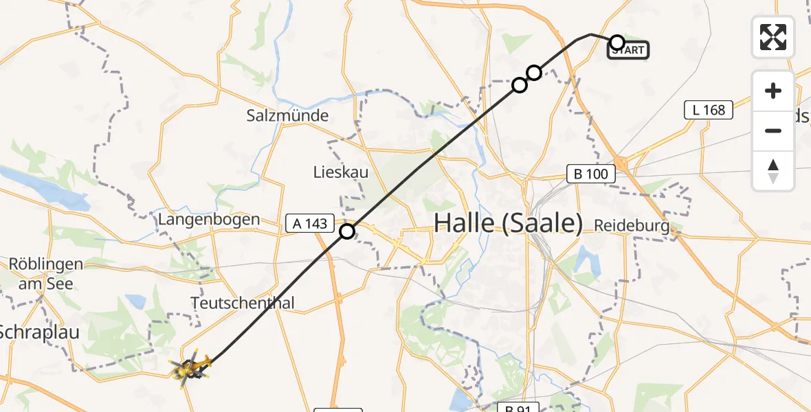 Flugroute Rettungshubschrauber Halle-Oppin Flugplatz - Teutschenthal, 31 März 2026, 12:42