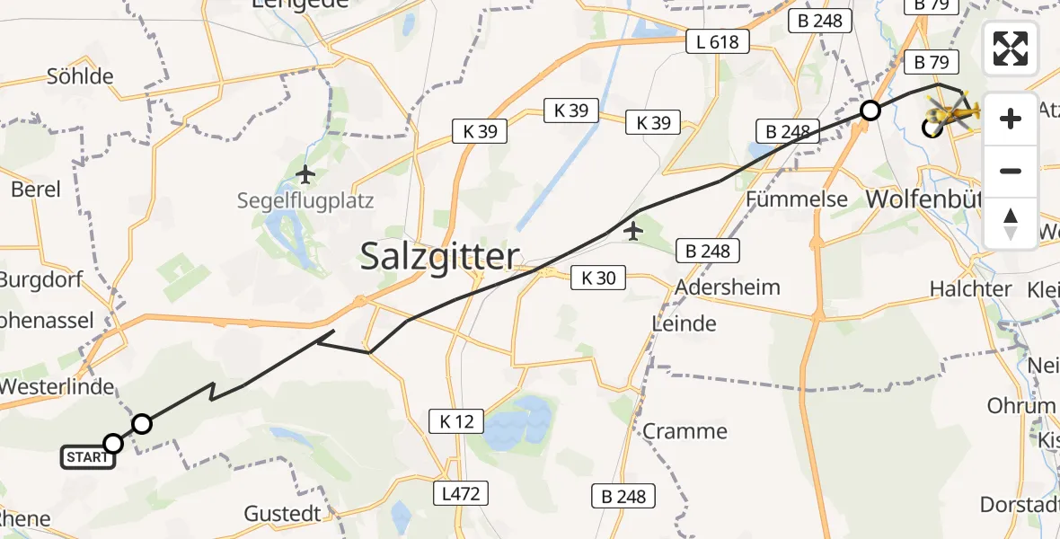 Routekaart van de vlucht: Rettungshubschrauber nach Wolfenbüttel Municipal Hospital Hubschrauberlandeplatz (Christoph 30)