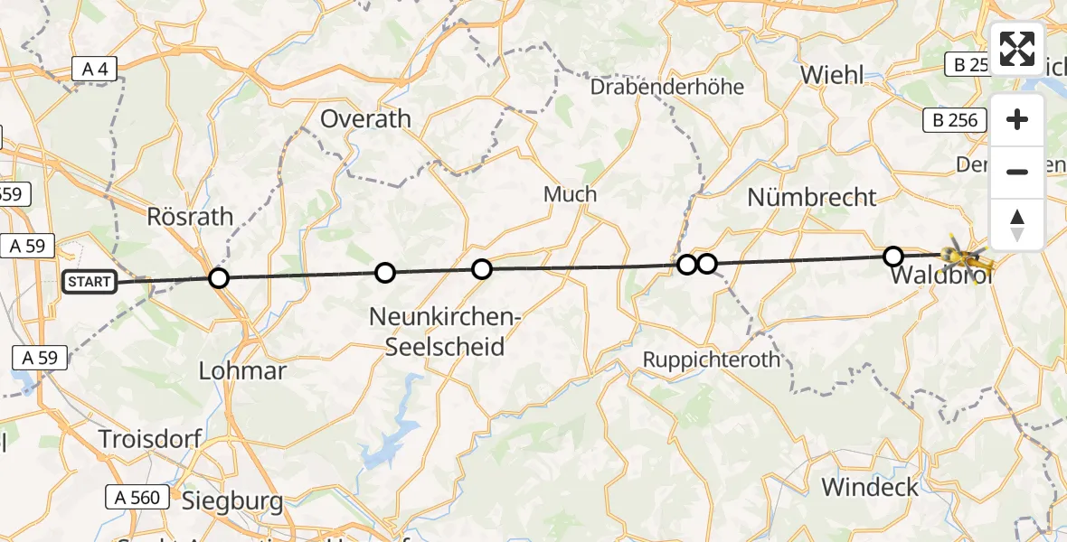 Flugroute Ambulanzhubschrauber Köln Bonn Flughafen - Waldbröl, 31 März 2026, 12:44