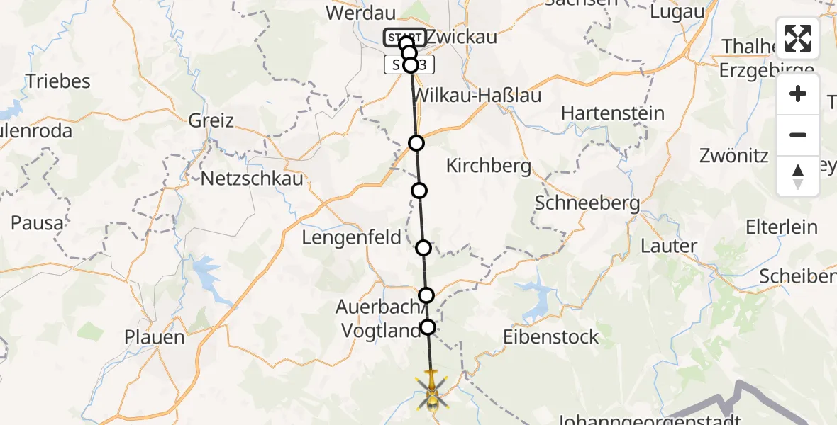Routekaart van de vlucht: Rettungshubschrauber nach Auerbach/Vogtl., Klingenthaler Straße