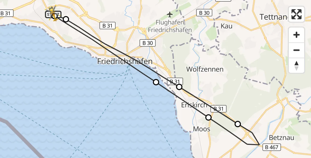 Flugroute Rettungshubschrauber Friedrichshafen Hospital - Friedrichshafen Hospital, 31 März 2026, 13:01