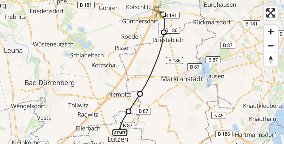 Routekaart van de vlucht: Rettungshubschrauber nach ADAC Air Rescue Station Leipzig/Schkeuditz-Dölzig Hubschrauberlandeplatz (Christoph 61)