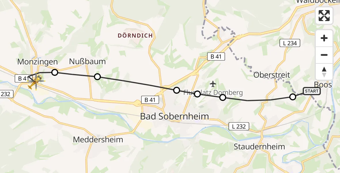 Routekaart van de vlucht: Rettungshubschrauber nach Monzingen, Binger Landstraße