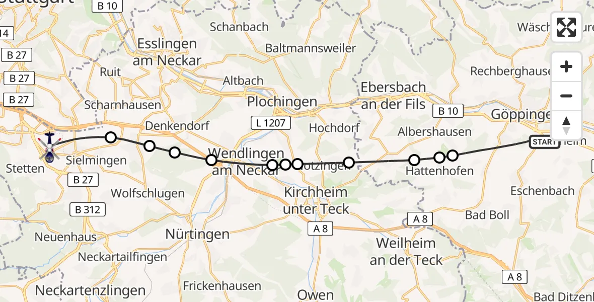 Flugroute Polizeihubschrauber Göppingen - Flughafen Stuttgart, 31 März 2026, 13:07