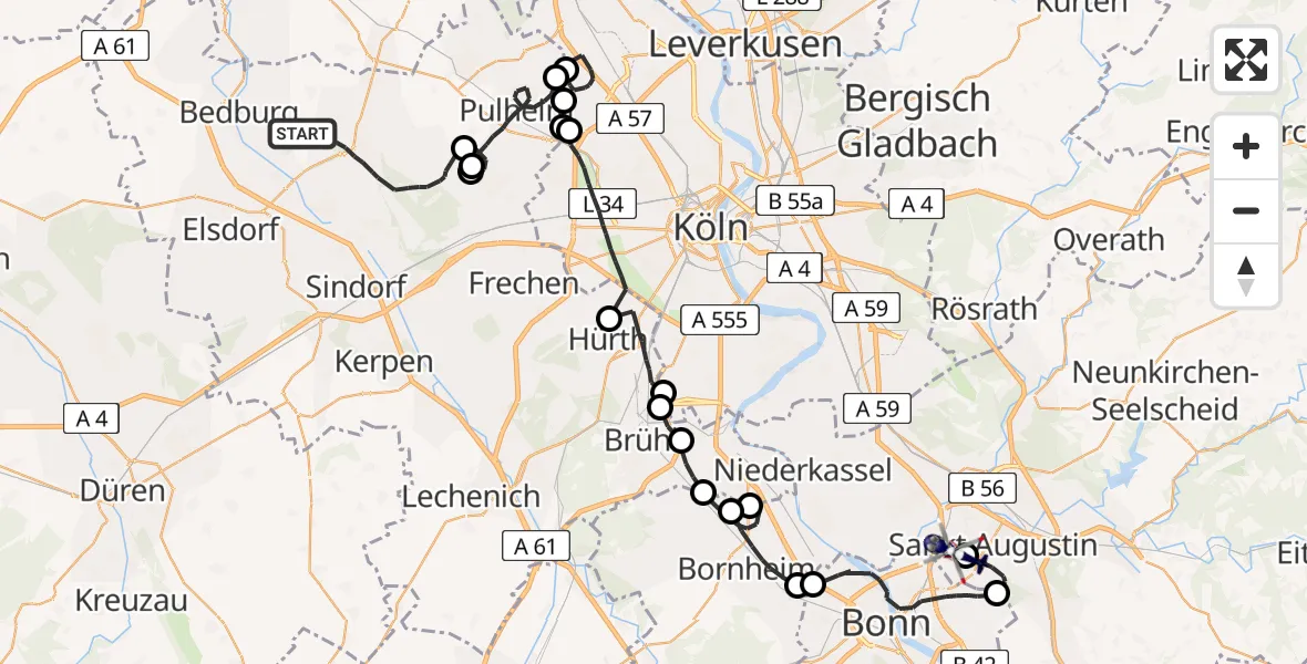 Routekaart van de vlucht: Polizeihubschrauber nach Bonn-Hangelar Flugplatz