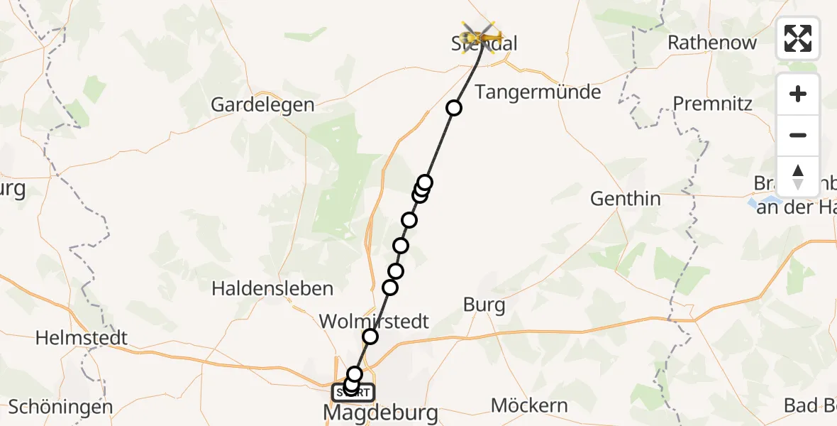 Flugroute Rettungshubschrauber Magdeburg Hospital - Stendal, 31 März 2026, 13:14