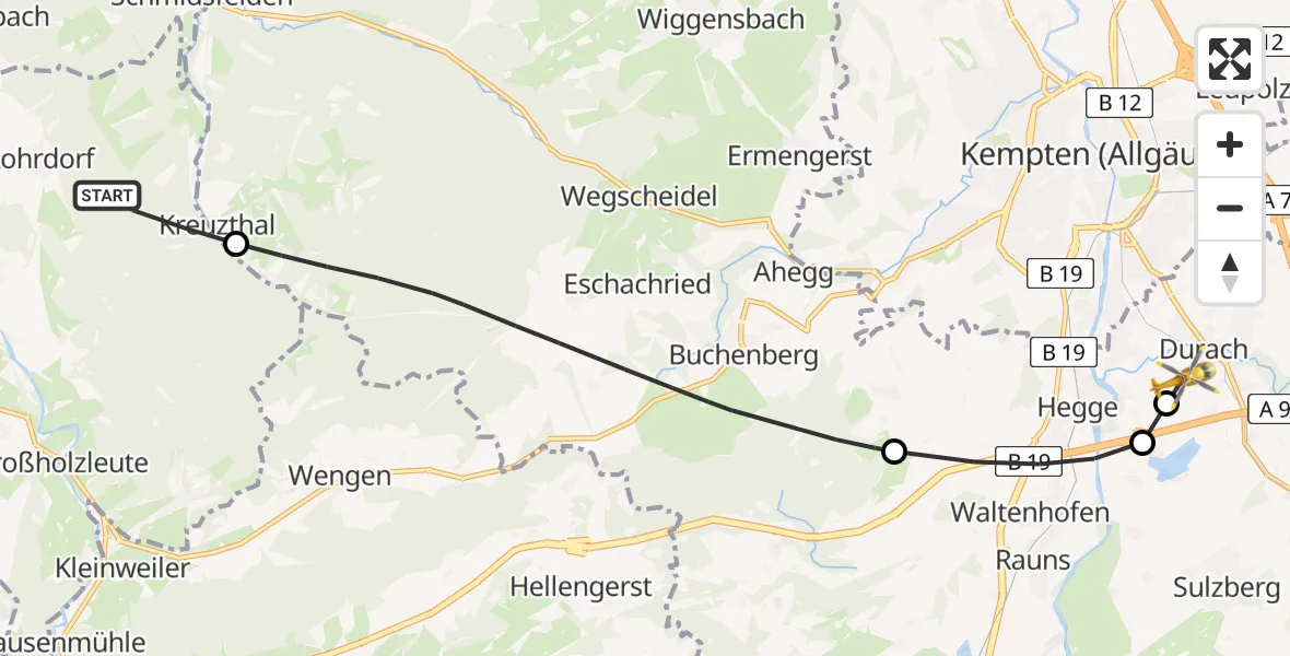 Routekaart van de vlucht: Rettungshubschrauber nach Kempten-Durach Flugplatz