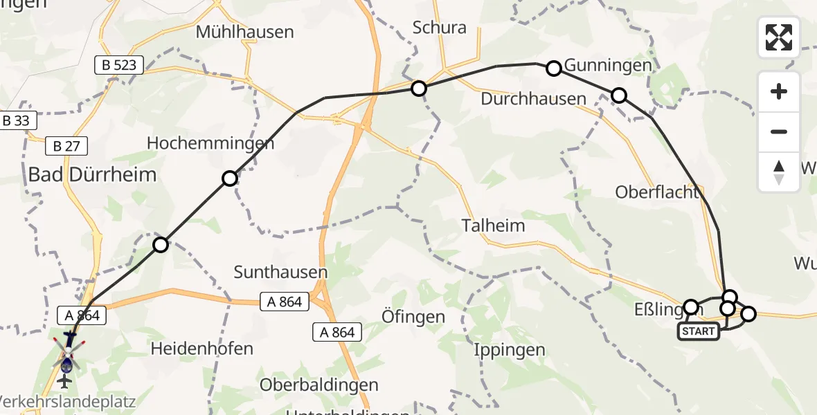 Routekaart van de vlucht: Polizeihubschrauber nach Donaueschingen-Villingen Flugplatz