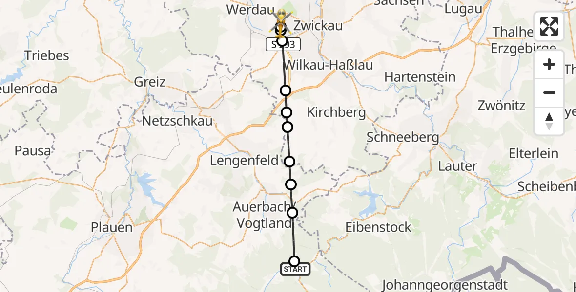 Routekaart van de vlucht: Rettungshubschrauber nach ADAC Air Rescue Station Zwickau Hubschrauberlandeplatz