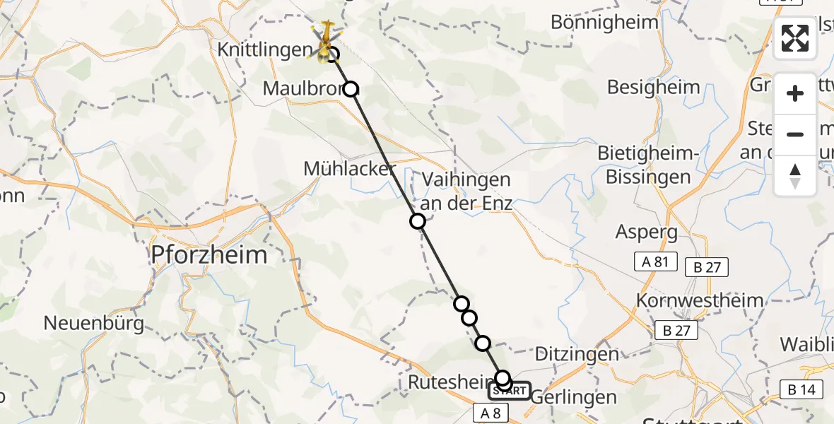 Routekaart van de vlucht: Rettungshubschrauber nach Knittlingen, Im Kessel