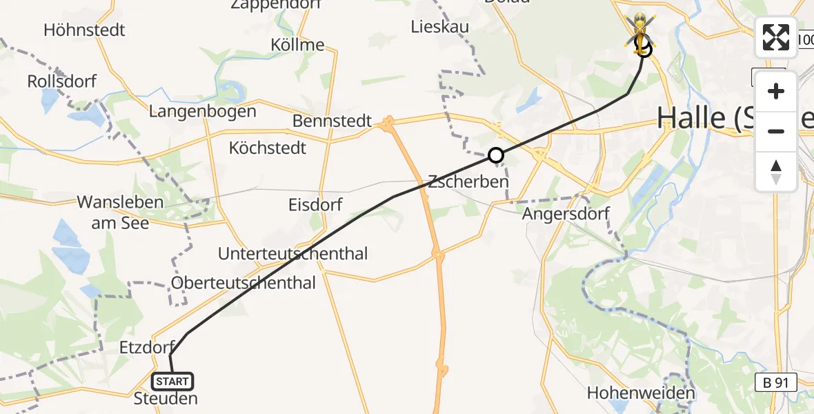 Routekaart van de vlucht: Rettungshubschrauber nach Halle (Saale) University Hospital