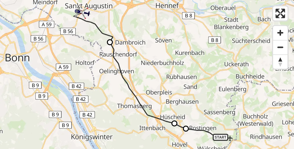 Flugroute Polizeihubschrauber Königswinter - Sankt Augustin, 31 März 2026, 13:35