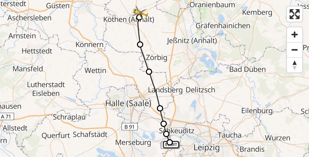 Flugroute Rettungshubschrauber ADAC Air Rescue Station Leipzig/Schkeuditz-Dölzig Hubschrauberlandeplatz (Christoph 61) - Köthen (Anhalt), 31 März 2026, 13:41