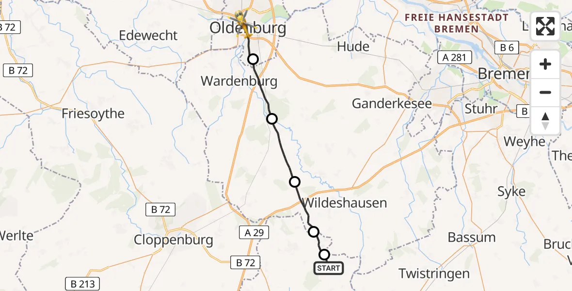 Routekaart van de vlucht: Rettungshubschrauber nach Oldenburg (Oldb), Steinweg
