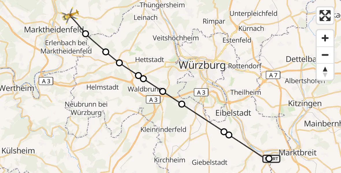 Flugroute Rettungshubschrauber Ochsenfurt Hospital - Karbach, 31 März 2026, 13:43
