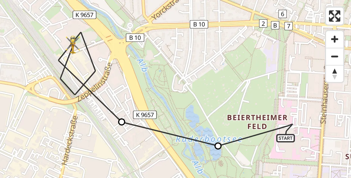 Flugroute Rettungshubschrauber Sankt Vincentius Hospital - Karlsruhe, 31 März 2026, 13:46