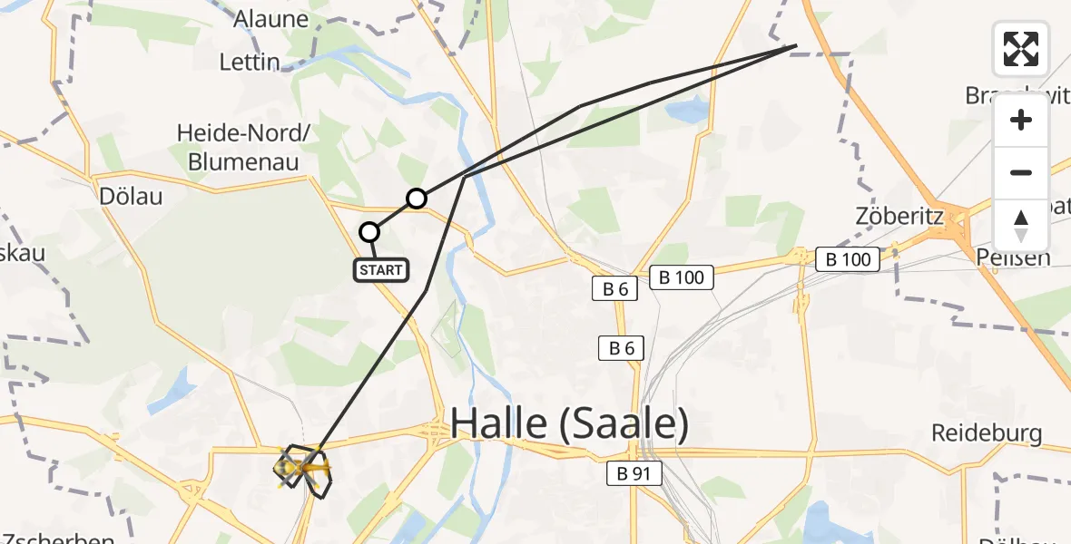 Flugroute Rettungshubschrauber Halle (Saale) University Hospital - Halle (Saale), 31 März 2026, 14:00