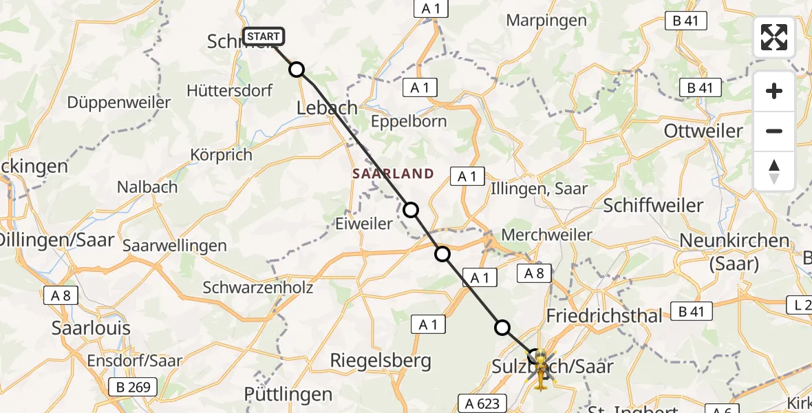 Routekaart van de vlucht: Rettungshubschrauber nach Sulzbach/Saar, Kellerstraße