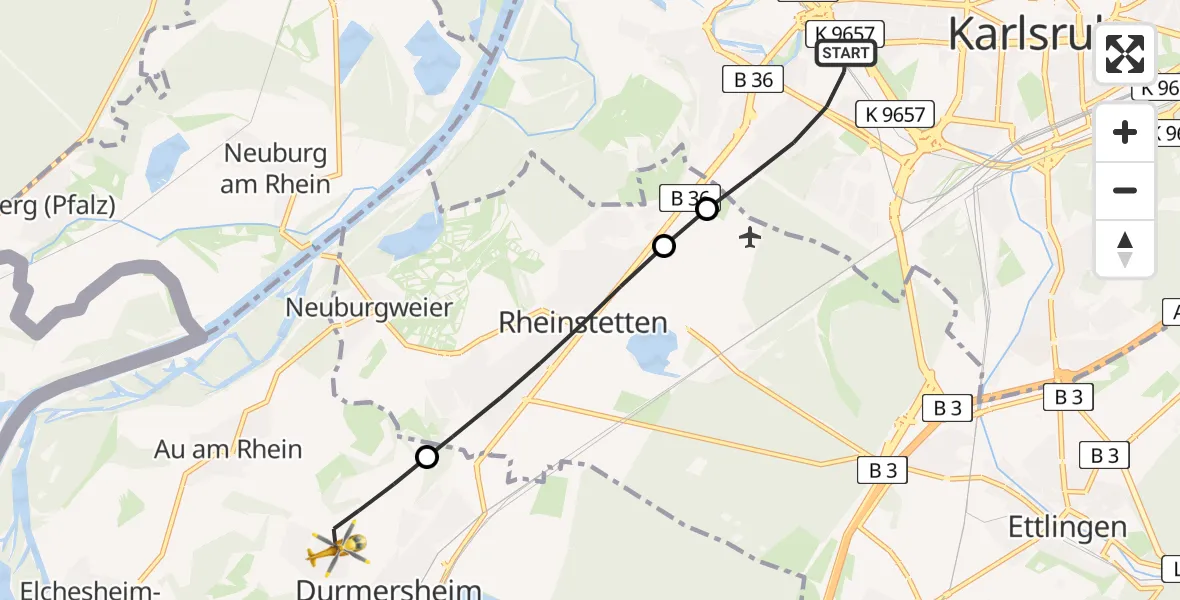 Routekaart van de vlucht: Rettungshubschrauber nach Durmersheim, Heiner-Bauer-Ring
