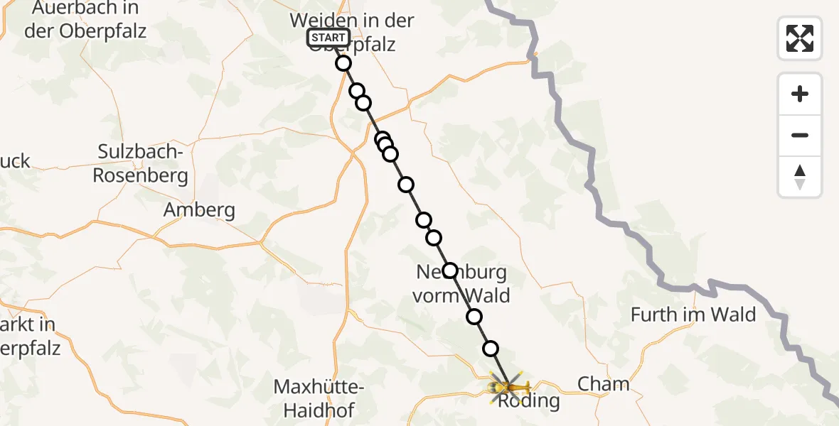 Flugroute Rettungshubschrauber Weiden i.d.OPf. - Roding, 31 März 2026, 14:18