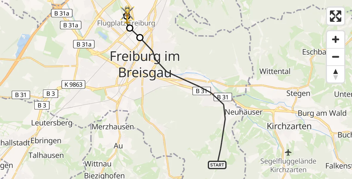 Routekaart van de vlucht: Rettungshubschrauber nach Freiburg im Breisgau Flugplatz